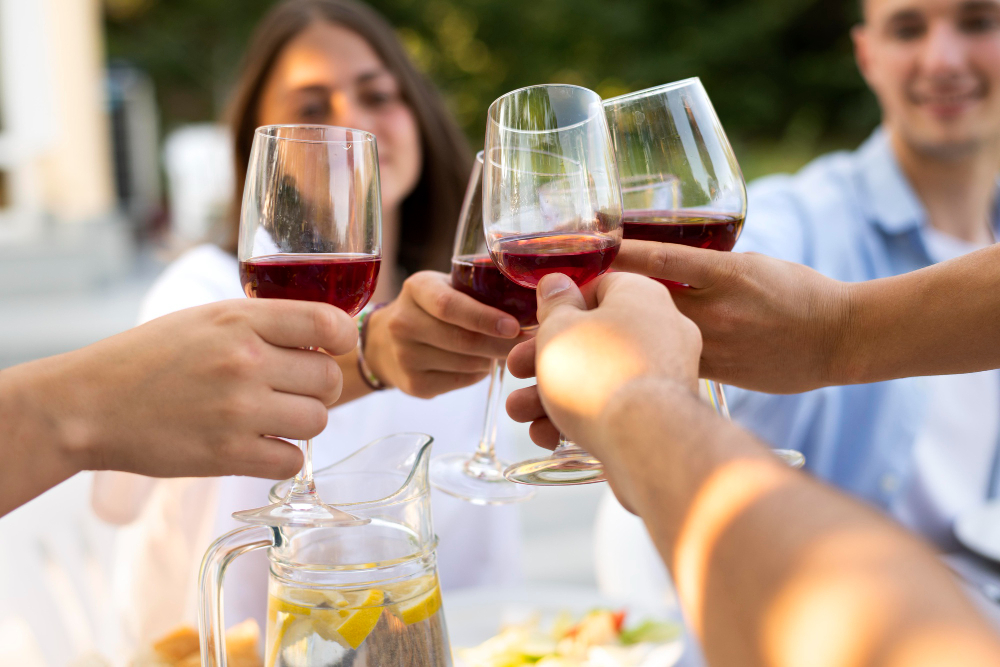 Grupo de pessoas brindando com taças de vinho tinto ao ar livre.